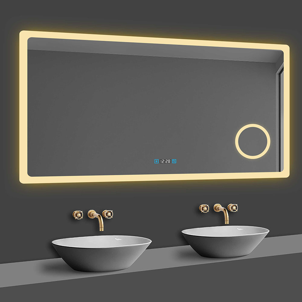LED Spiegel 80x60 cm Uhr LED Schminkspiegel dimmbar Kalt/Neutral/Warmweiß TOUCH BESCHLAGFREI Wandspiegel