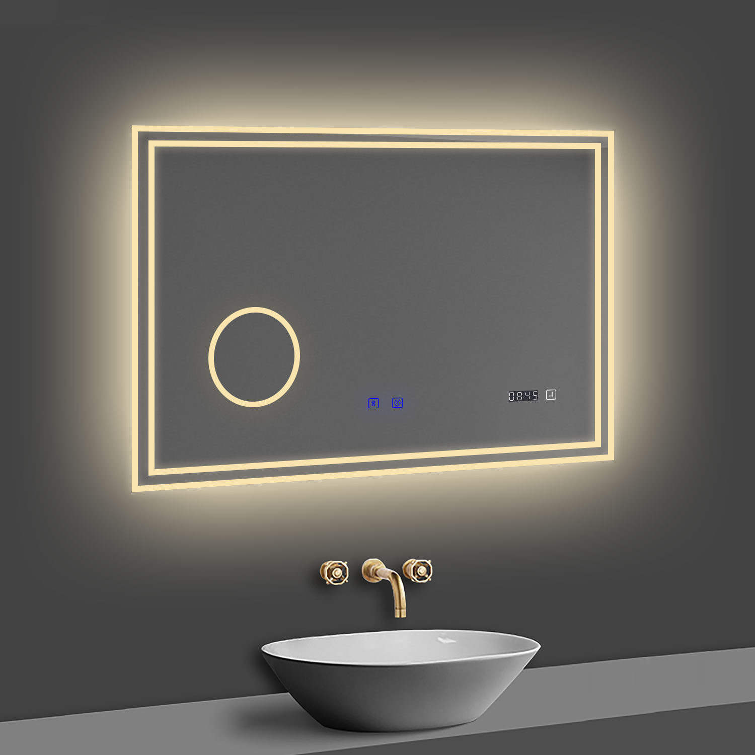 LED Badspiegel 80x60 cm Bluetooth Uhr 3-Facher Schminkspiegel TOUCH Anti-Beschlag Kalt/Neutral/Warmweiß ,Dimmbar