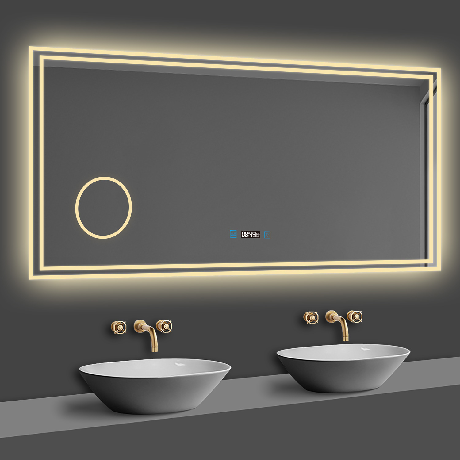 LED Badspiegel 140×80cm Uhr, Touch, Beschlagfrei, 3 Lichtfarbe 2700-6500K ,3x Lupe,Dimmbar,Wandspiegel