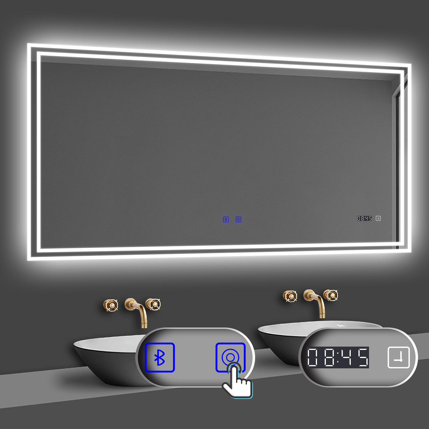 LED Badspiegel 80 -160 cm Wandspiegel mit Uhr, Touch, Beschlagfrei,3-F