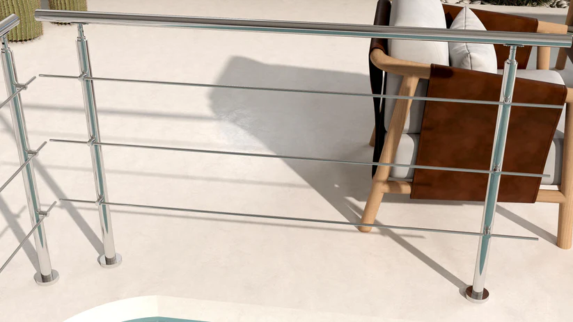 Modernes Edelstahlgeländer für Terrasse und Balkon, hochwertiger Handlauf aus rostfreiem Edelstahl in modernem Design für den Außenbereich.