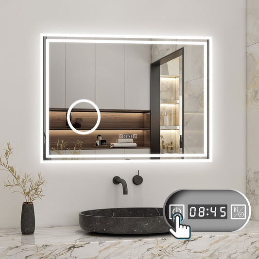 Badspiegel mit Beleuchtung 100x60cm LED Wandspiegel mit Uhr,Touch und 3x Vergrößernder Kosmetikspiegel,Badezimmerspiegel Beschlagfrei 3 Lichtfarbe 2700-6500K Dimmbar,IP44