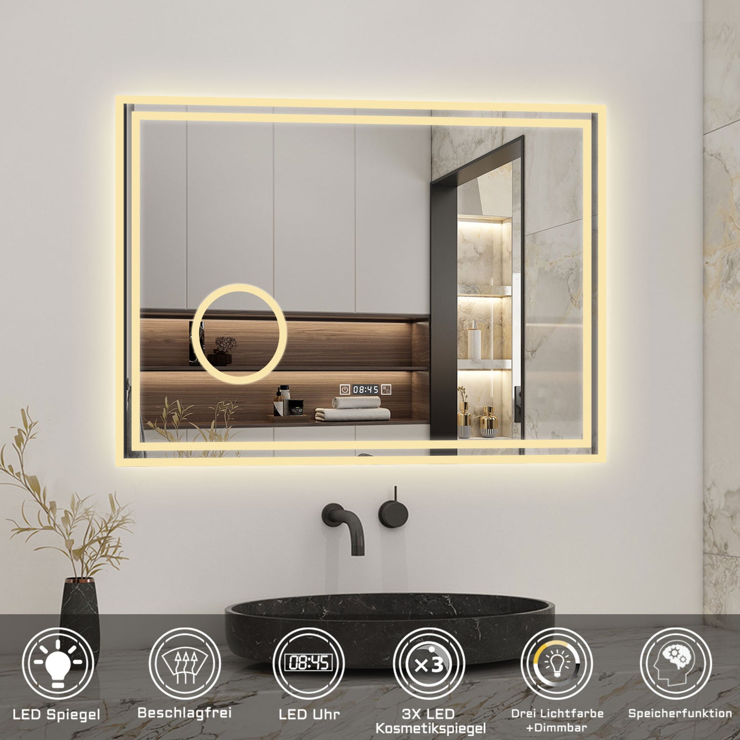 Badspiegel mit Beleuchtung 100x60cm LED Wandspiegel mit Uhr,Touch und 3x Vergrößernder Kosmetikspiegel,Badezimmerspiegel Beschlagfrei 3 Lichtfarbe 2700-6500K Dimmbar,IP44