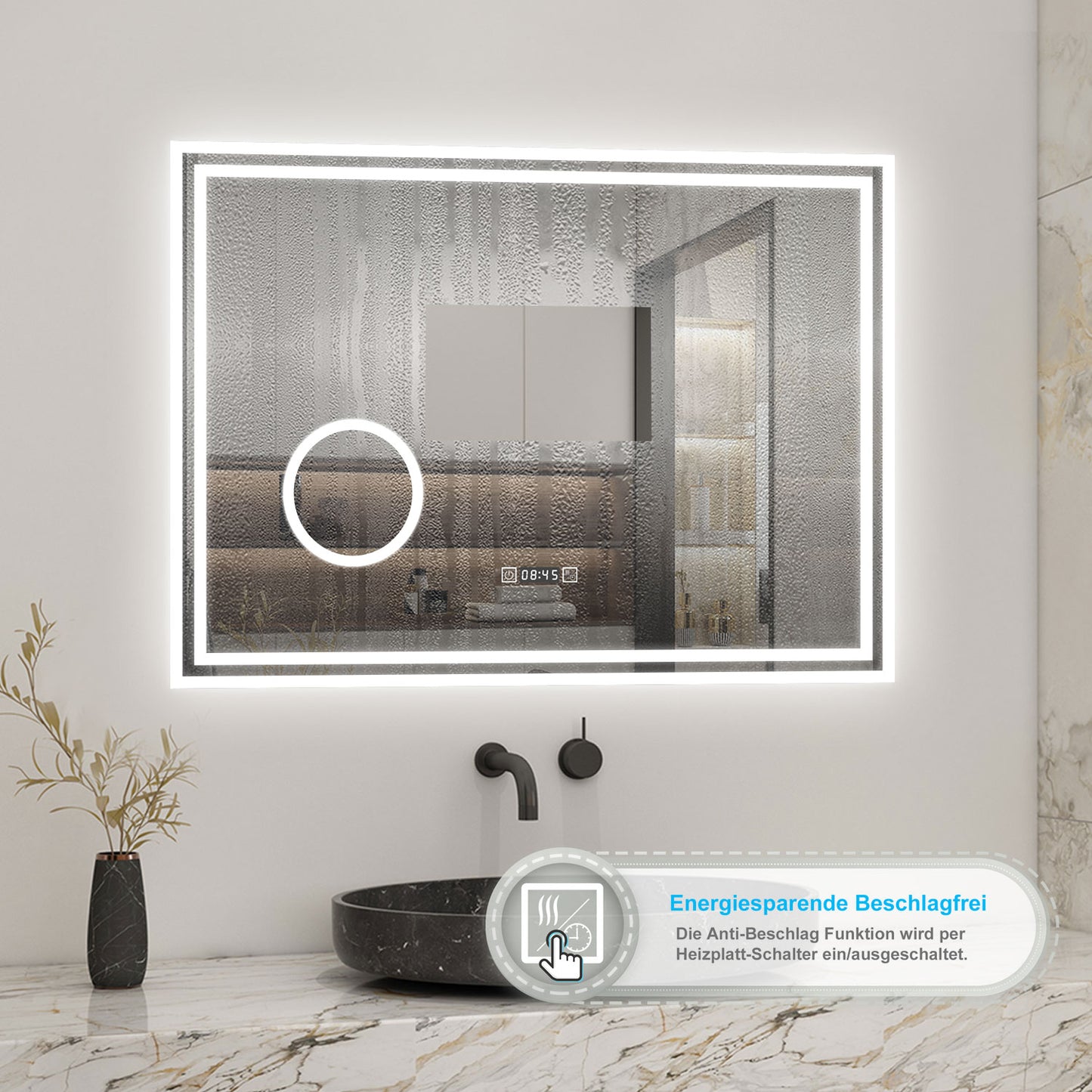 Badspiegel mit Beleuchtung 80x60cm LED Wandspiegel mit Uhr,Touch und 3x Vergrößernder Kosmetikspiegel,Badezimmerspiegel Beschlagfrei 3 Lichtfarbe 2700-6500K Dimmbar,IP44