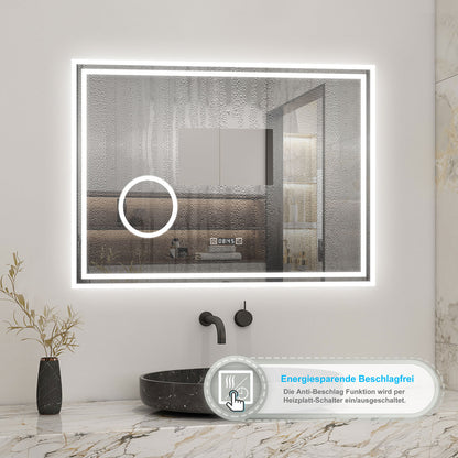 Badspiegel mit Beleuchtung 100x60cm LED Wandspiegel mit Uhr,Touch und 3x Vergrößernder Kosmetikspiegel,Badezimmerspiegel Beschlagfrei 3 Lichtfarbe 2700-6500K Dimmbar,IP44