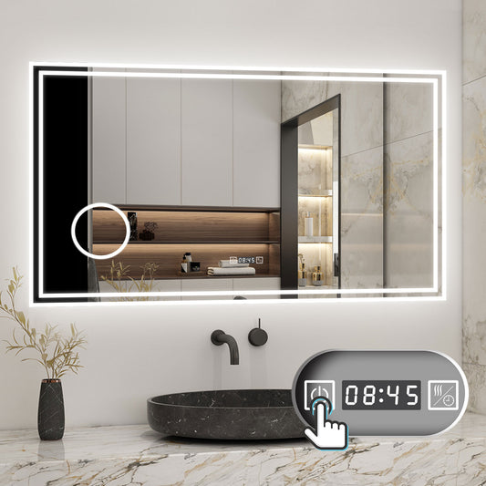 Badspiegel mit Beleuchtung 120x70cm LED Wandspiegel mit Uhr,Touch und 3x Vergrößernder Kosmetikspiegel,Badezimmerspiegel Beschlagfrei 3 Lichtfarbe 2700-6500K Dimmbar,IP44