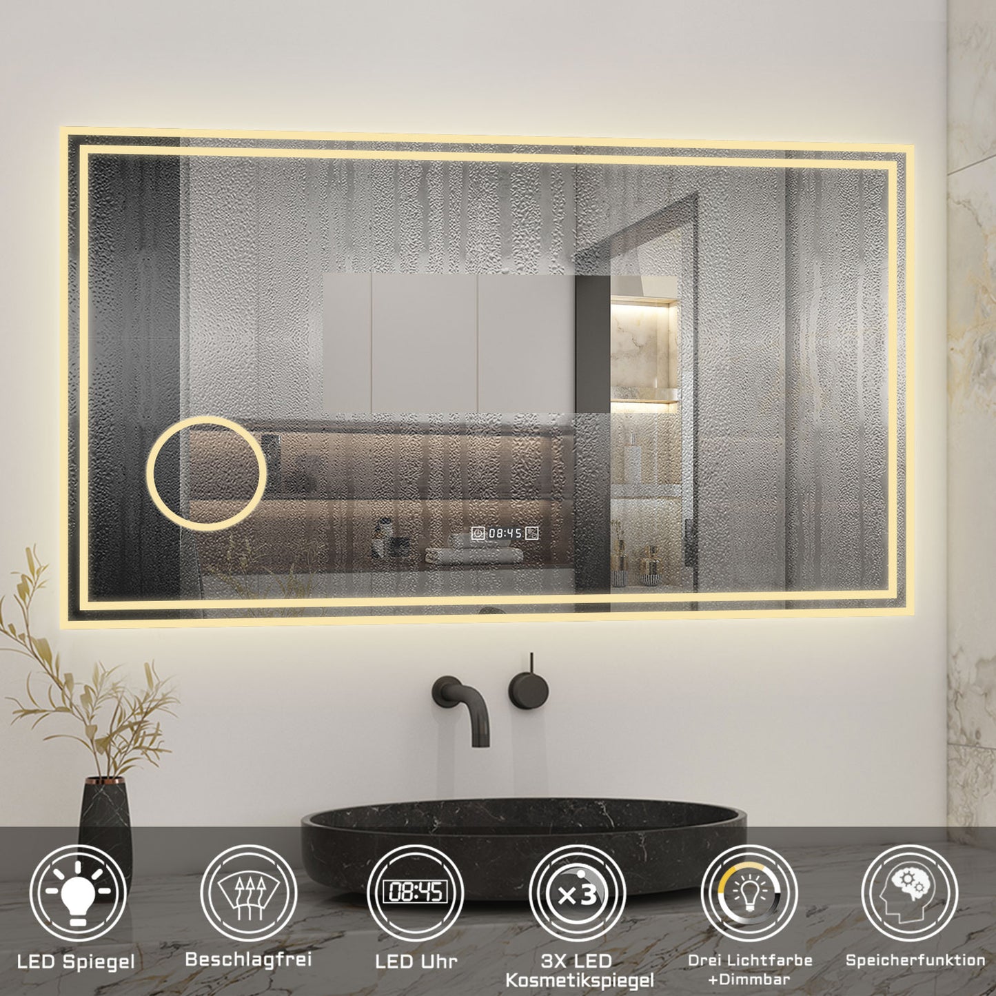 Badspiegel mit Beleuchtung 140x80cm LED Wandspiegel mit Uhr,Touch und 3x Vergrößernder Kosmetikspiegel,Badezimmerspiegel Beschlagfrei 3 Lichtfarbe 2700-6500K Dimmbar,IP44
