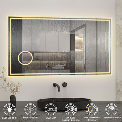 Badspiegel mit Beleuchtung 140x80cm LED Wandspiegel mit Uhr,Touch und 3x Vergrößernder Kosmetikspiegel,Badezimmerspiegel Beschlagfrei 3 Lichtfarbe 2700-6500K Dimmbar,IP44