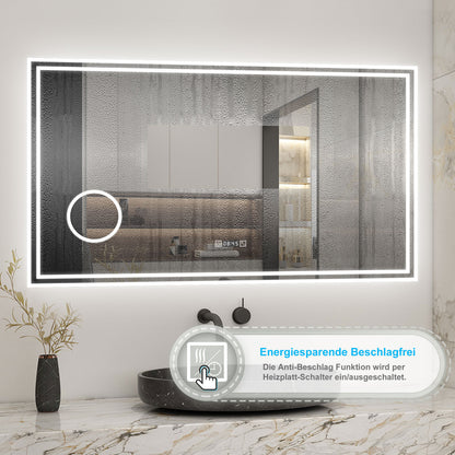 Badspiegel mit Beleuchtung 140x80cm LED Wandspiegel mit Uhr,Touch und 3x Vergrößernder Kosmetikspiegel,Badezimmerspiegel Beschlagfrei 3 Lichtfarbe 2700-6500K Dimmbar,IP44
