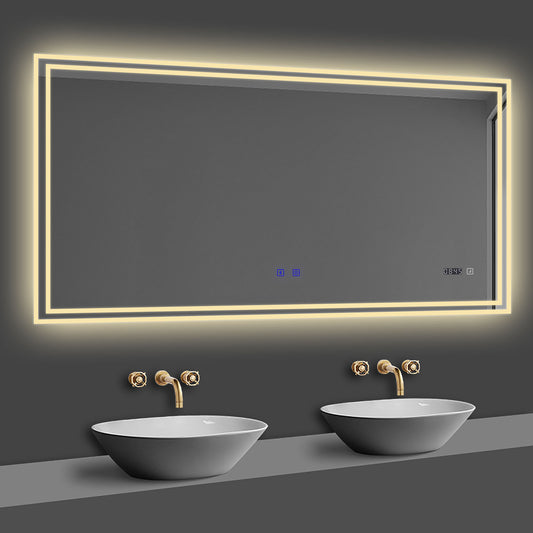 LED Badspiegel 120x70 cm Bluetooth Uhr TOUCH BESCHLAGFREI Wandspiegel Kalt/Neutral/Warmweiß ,Dimmbar