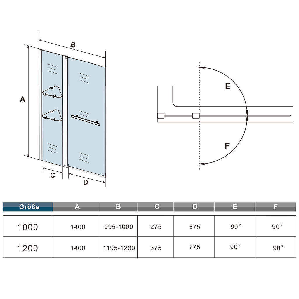 Duschabtrennung Badewannenaufsatz 120 x H.140 cm Duschwand Glasdusche Sicherheitsglas Dimensions