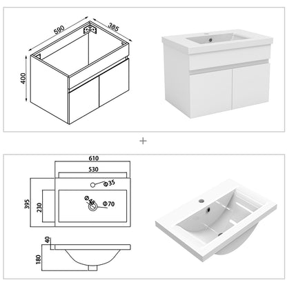 Badezimmer Badmöbel 60cm Dickes Keramik Waschtisch mit Unterschrank Hängeschrank Weiß Matt Badezimmerschränke Badschrank mit 2 Soft-Close Türen