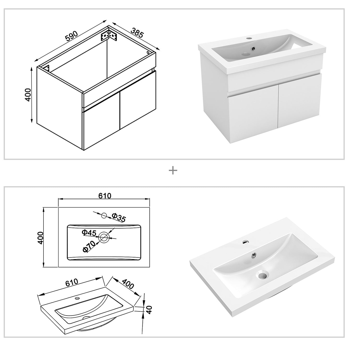 Badezimmer Badmöbel 60cm Mineralguss Waschtisch mit Unterschrank Hängeschrank Weiß Matt Badezimmerschränke Badschrank mit 2 Soft-Close Türen