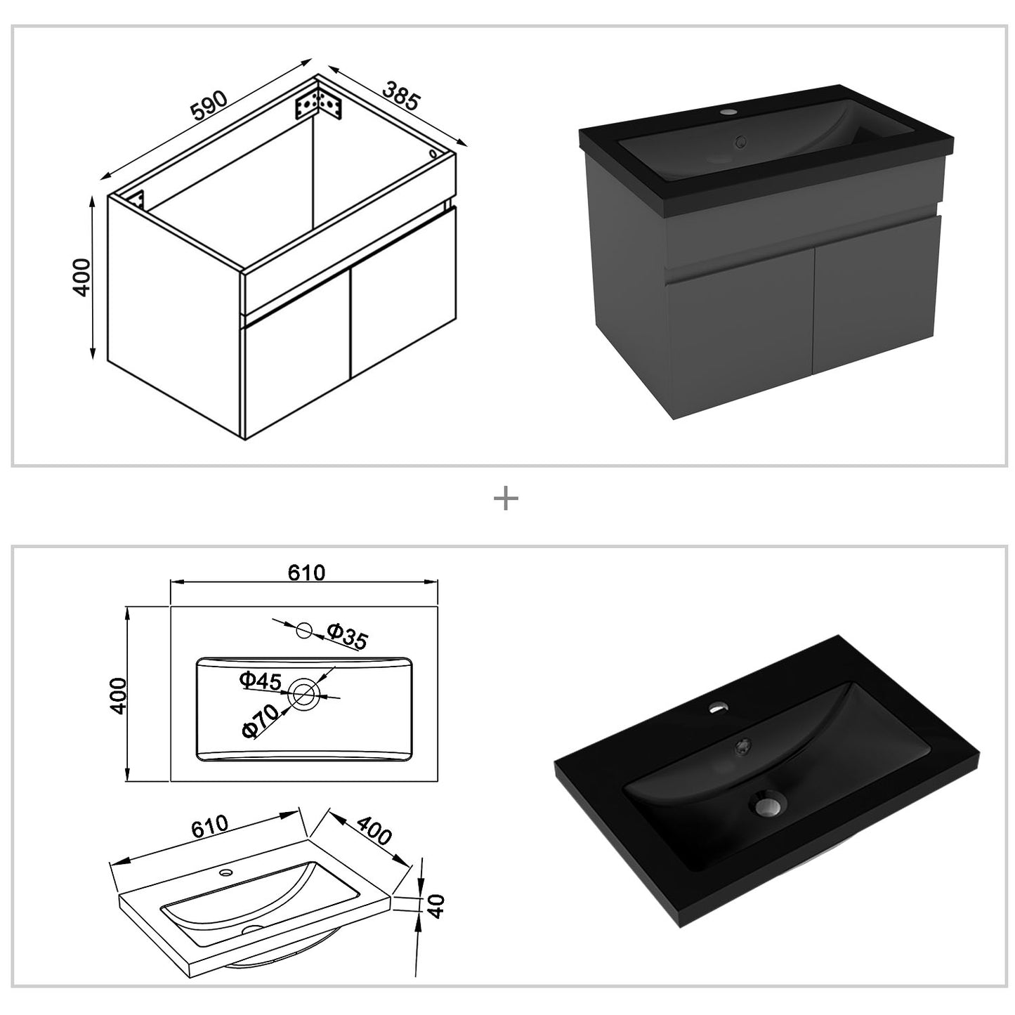 Badezimmer Badmöbel 60cm Schwarz Mineralguss Waschtisch mit Unterschrank Hängeschrank Dunkelgrau Matt Badezimmerschränke Badschrank mit 2 Soft-Close Türen