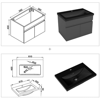 Badezimmer Badmöbel 60cm Schwarz Mineralguss Waschtisch mit Unterschrank Hängeschrank Dunkelgrau Matt Badezimmerschränke Badschrank mit 2 Soft-Close Türen