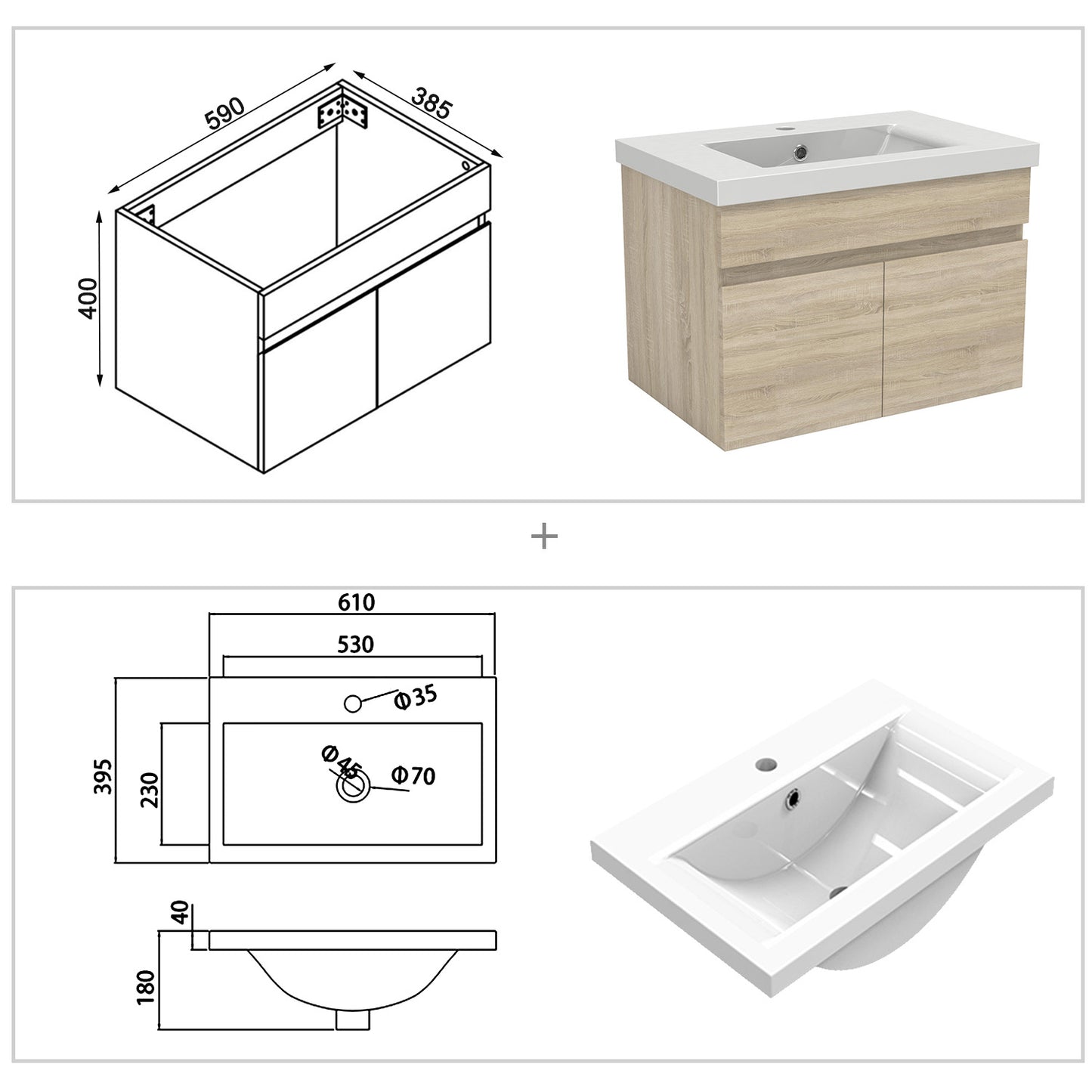 Badezimmer Badmöbel 60cm Dickes Keramik Waschtisch mit Unterschrank Hängeschrank Eiche Matt Badezimmerschränke Badschrank mit 2 Soft-Close Türen