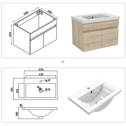 Badezimmer Badmöbel 60cm Dickes Keramik Waschtisch mit Unterschrank Hängeschrank Eiche Matt Badezimmerschränke Badschrank mit 2 Soft-Close Türen