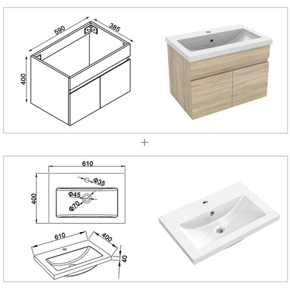 Badezimmer Badmöbel 60cm Mineralguss Waschtisch mit Unterschrank Hängeschrank Eiche Matt Badezimmerschränke Badschrank mit 2 Soft-Close Türen