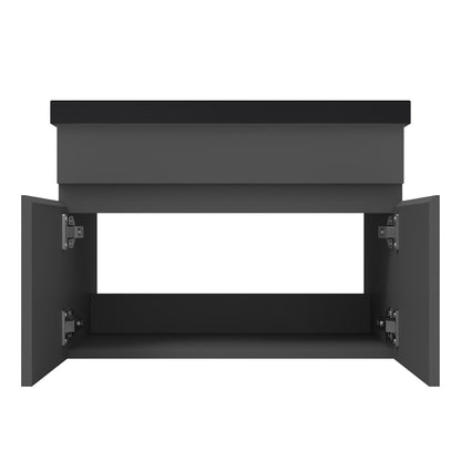 Badezimmer Badmöbel 60cm Schwarz Mineralguss Waschtisch mit Unterschrank Hängeschrank Dunkelgrau Matt Badezimmerschränke Badschrank mit 2 Soft-Close Türen