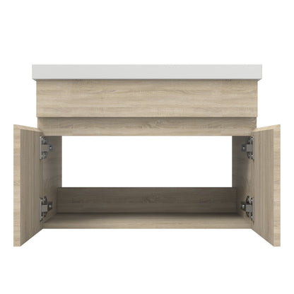 Badezimmer Badmöbel 60cm Dickes Keramik Waschtisch mit Unterschrank Hängeschrank Eiche Matt Badezimmerschränke Badschrank mit 2 Soft-Close Türen