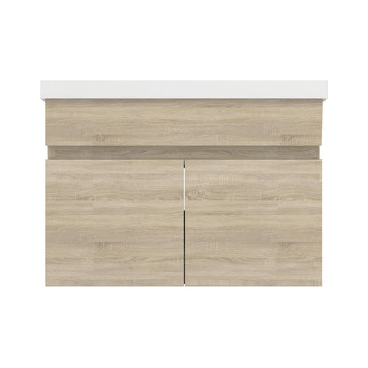Badezimmer Badmöbel 60cm Mineralguss Waschtisch mit Unterschrank Hängeschrank Eiche Matt Badezimmerschränke Badschrank mit 2 Soft-Close Türen