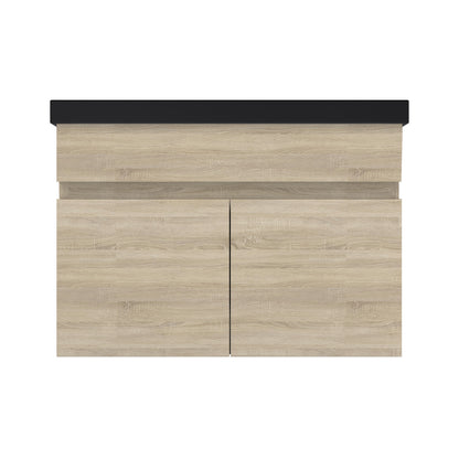 Badezimmer Badmöbel 60cm Schwarz Mineralguss Waschtisch mit Unterschrank Hängeschrank Eiche Matt Badezimmerschränke Badschrank mit 2 Soft-Close Türen