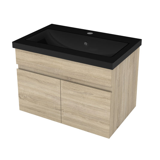 Badezimmer Badmöbel 60cm Schwarz Mineralguss Waschtisch mit Unterschrank Hängeschrank Eiche Matt Badezimmerschränke Badschrank mit 2 Soft-Close Türen