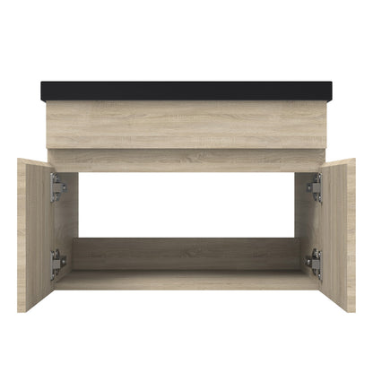 Badezimmer Badmöbel 60cm Schwarz Mineralguss Waschtisch mit Unterschrank Hängeschrank Eiche Matt Badezimmerschränke Badschrank mit 2 Soft-Close Türen