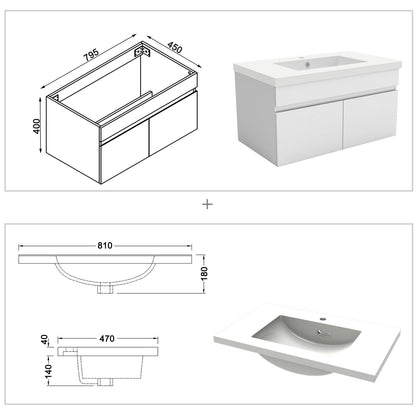 Badezimmer Badmöbel 80cm Mineralguss Waschtisch mit Unterschrank Hängeschrank Weiß Matt Badezimmerschränke Badschrank mit 2 Soft-Close Türen