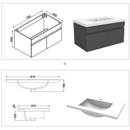 Badezimmer Badmöbel 80cm Mineralguss Waschtisch mit Unterschrank Hängeschrank Dunkelgrau Matt Badezimmerschränke Badschrank mit 2 Soft-Close Türen