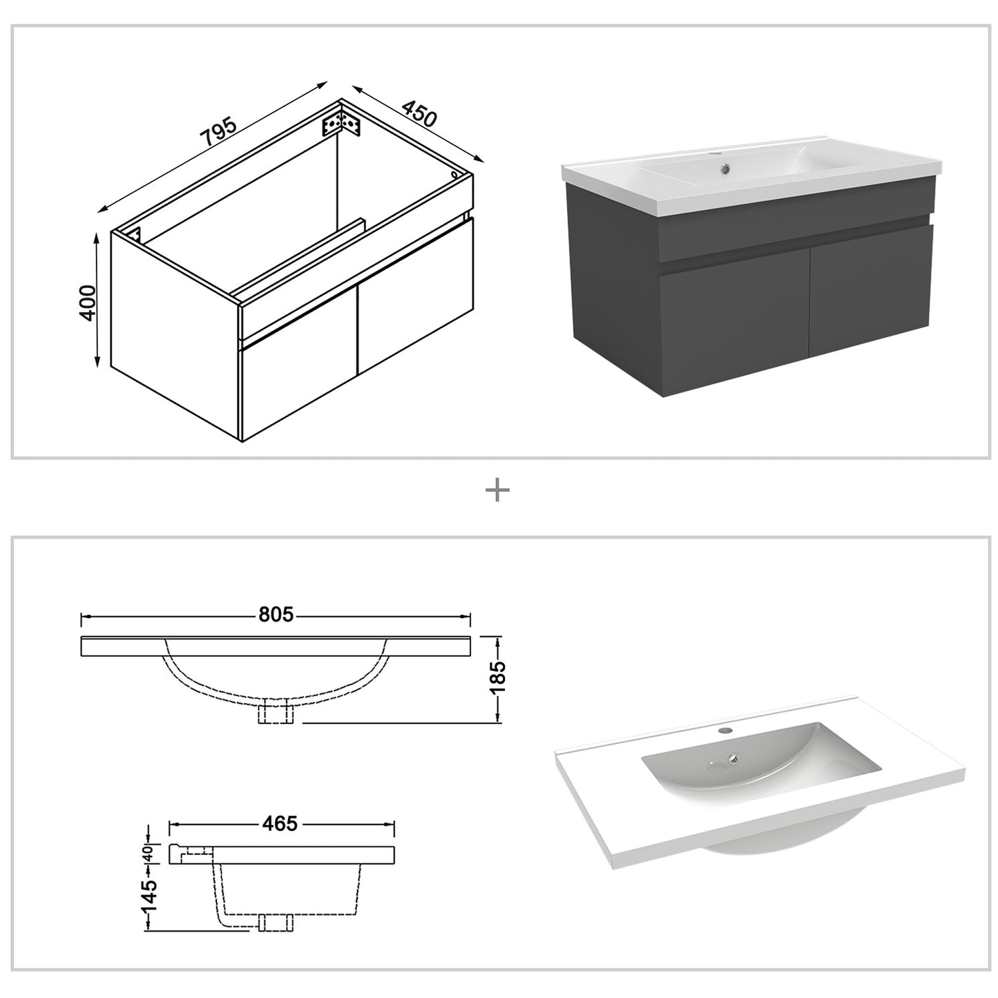 Badezimmer Badmöbel 80cm Keramik Waschtisch mit Unterschrank Hängeschrank Dunkelgrau Matt Badezimmerschränke Badschrank mit 2 Soft-Close Türen