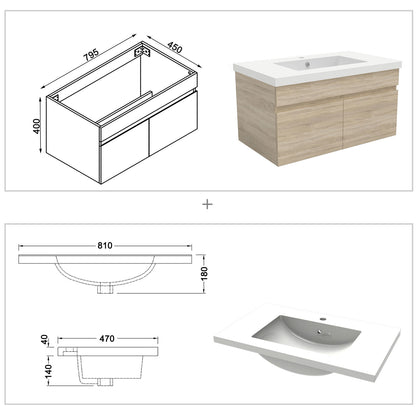 Badezimmer Badmöbel 80cm Mineralguss Waschtisch mit Unterschrank Hängeschrank Eiche Matt Badezimmerschränke Badschrank mit 2 Soft-Close Türen