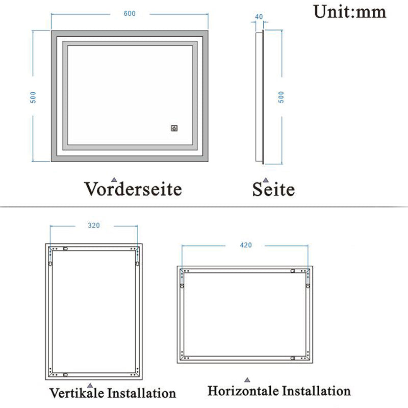 LED Spiegel 60x50 cm TOUCH BESCHLAGFREI Kaltweiß Wandspiegel mit Beleuchtung Lichtspiegel Einzel Touch-Schalter