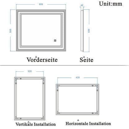LED Spiegel 60x50 cm TOUCH BESCHLAGFREI Kaltweiß Wandspiegel mit Beleuchtung Lichtspiegel Einzel Touch-Schalter
