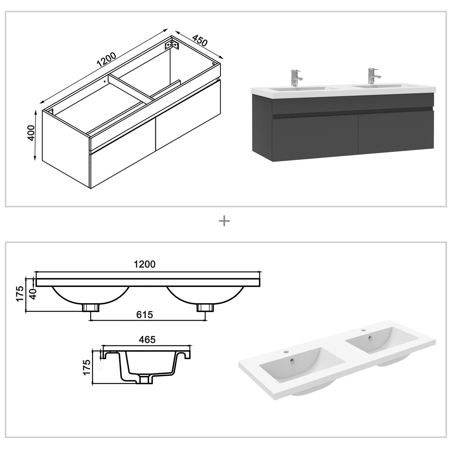 Badezimmer Badmöbel 120cm Mineralguss Waschtisch mit Unterschrank Hängeschrank Dunkelgrau Matt Badezimmerschränke Badschrank mit 2 Soft-Close Türen