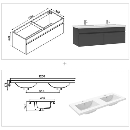 Badezimmer Badmöbel 120cm Mineralguss Waschtisch mit Unterschrank Hängeschrank Dunkelgrau Matt Badezimmerschränke Badschrank mit 2 Soft-Close Türen