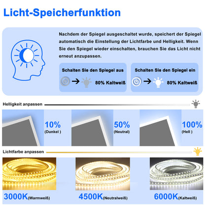 LED Badspiegel mit 3-fache Vergrößerung Beschlagfrei Badezimmer Spiegel mit Speicherfunktion Warm/Neutral/Kaltweiß Dimmbar CE IP44 140x80cm