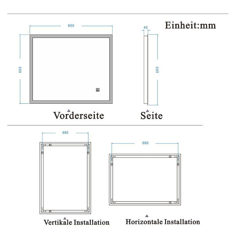 Kaltweiß LED Spiegel 80×60 cm TOUCH BESCHLAGFREI Wandspiegel mit Beleuchtung Lichtspiegel  Einzel Touch-Schalter