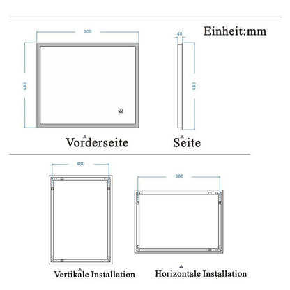 Kaltweiß LED Spiegel 80×60 cm TOUCH BESCHLAGFREI Wandspiegel mit Beleuchtung Lichtspiegel  Einzel Touch-Schalter