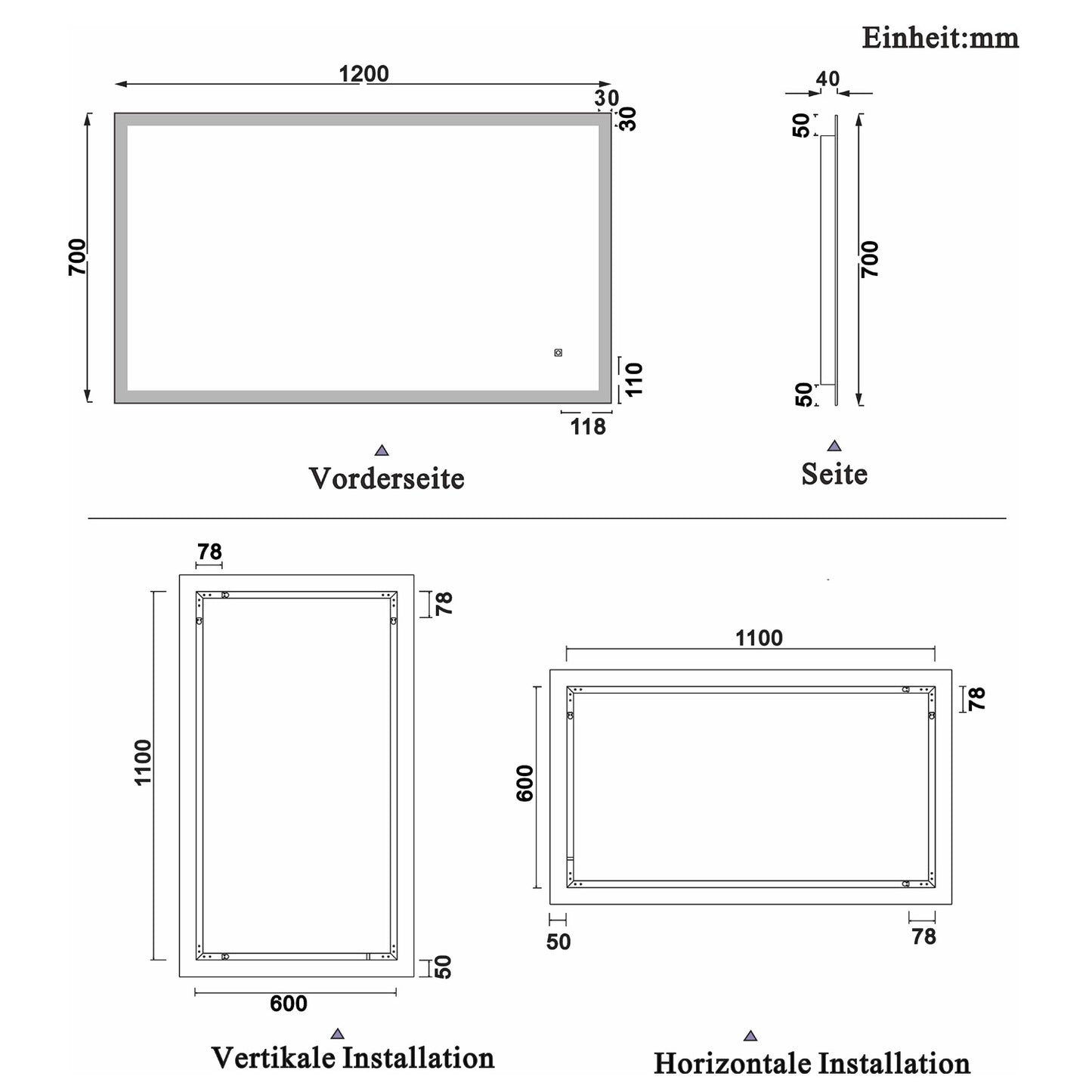 Kaltweiß LED Spiegel 120×70 cm TOUCH BESCHLAGFREI Wandspiegel mit Beleuchtung Lichtspiegel Einzel Touch-Schalter
