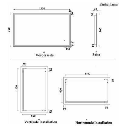 Kaltweiß LED Spiegel 120×70 cm TOUCH BESCHLAGFREI Wandspiegel mit Beleuchtung Lichtspiegel Einzel Touch-Schalter