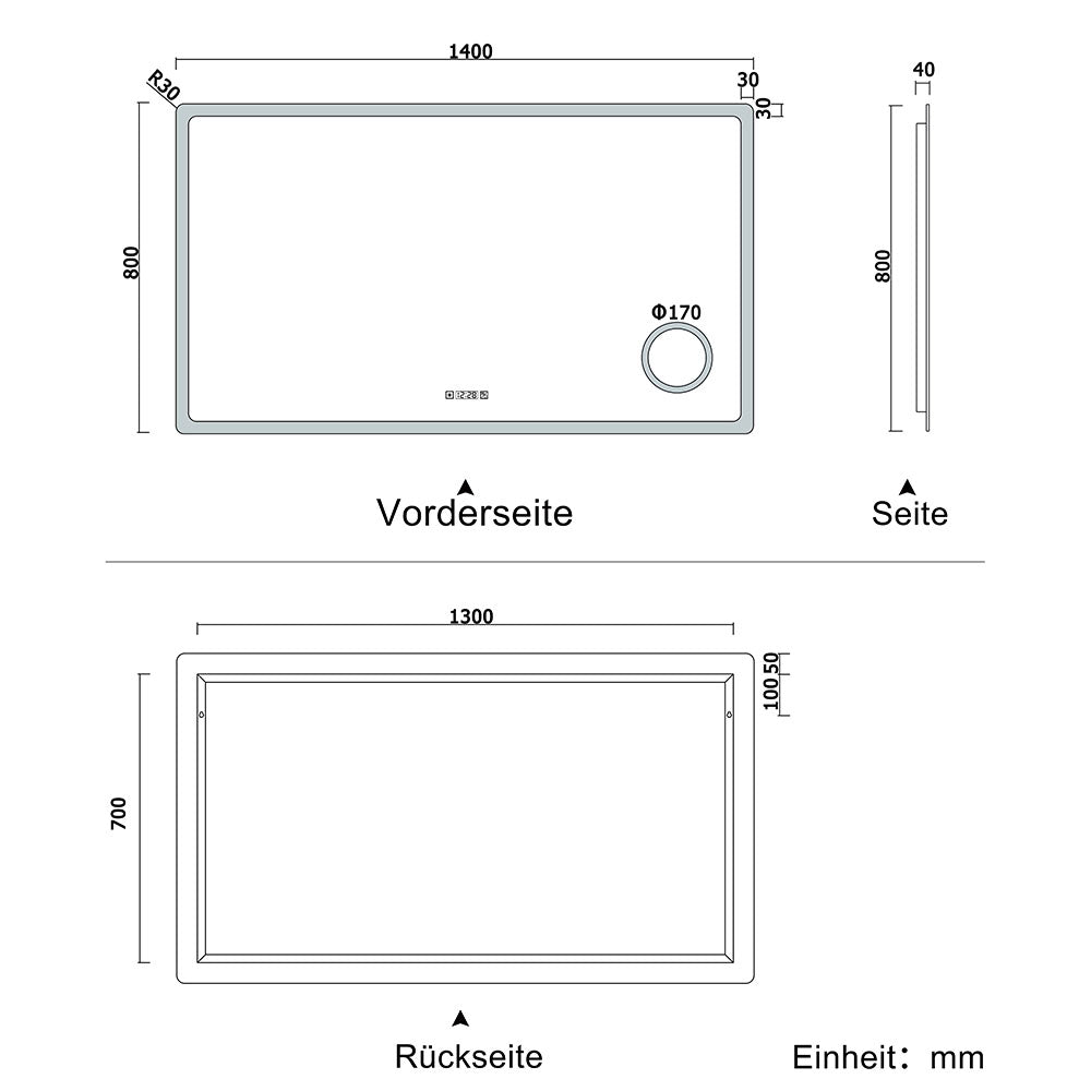LED Spiegel 140x80 cm Uhr LED Schminkspiegel dimmbar Kalt/Neutral/Warmweiß TOUCH BESCHLAGFREI Wandspiegel