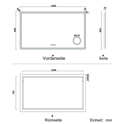 LED Spiegel 140x80 cm Uhr LED Schminkspiegel dimmbar Kalt/Neutral/Warmweiß TOUCH BESCHLAGFREI Wandspiegel