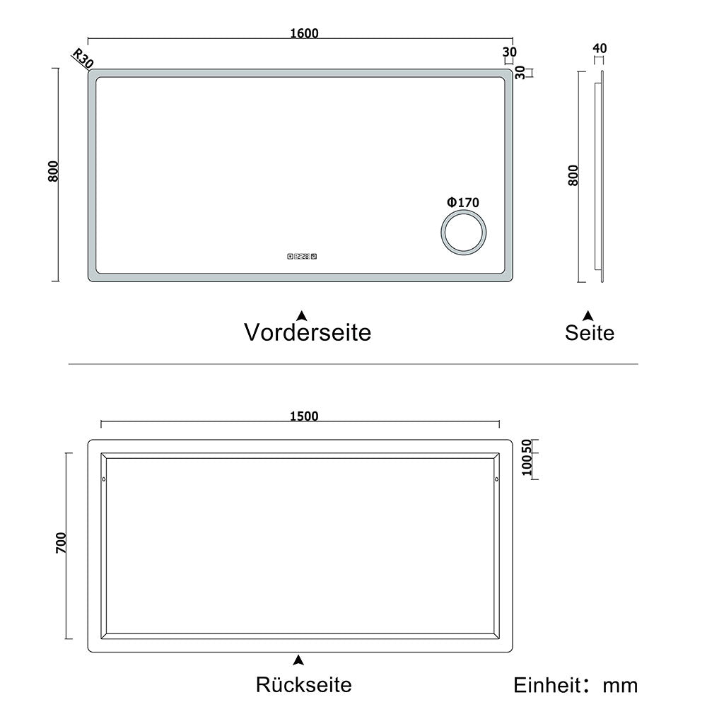 LED Spiegel 160x80 cm Uhr LED Schminkspiegel dimmbar Kalt/Neutral/Warmweiß TOUCH BESCHLAGFREI Wandspiegel