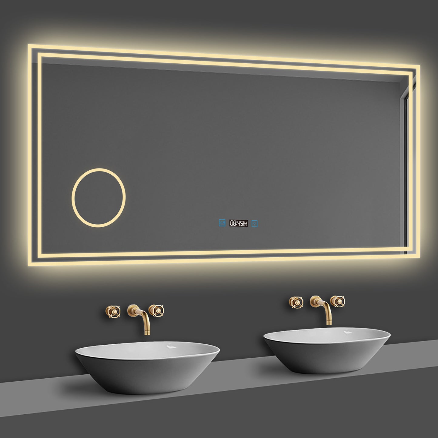 LED Badspiegel 160×80cm Uhr, Touch, Beschlagfrei, 3 Lichtfarbe 2700-6500K ,3x Lupe,Dimmbar,Wandspiegel