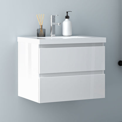 Badezimmermöbel 60cm Mineralguss Waschtisch mit Unterschrank Badmöbel set Badezimmerschränke mit 2 Soft-Close Schubladen Hochglanz Weiß