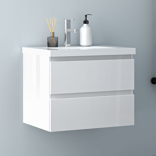 Badezimmermöbel 60cm Mineralguss Waschtisch mit Unterschrank Badmöbel set Badezimmerschränke mit 2 Soft-Close Schubladen Hochglanz Weiß