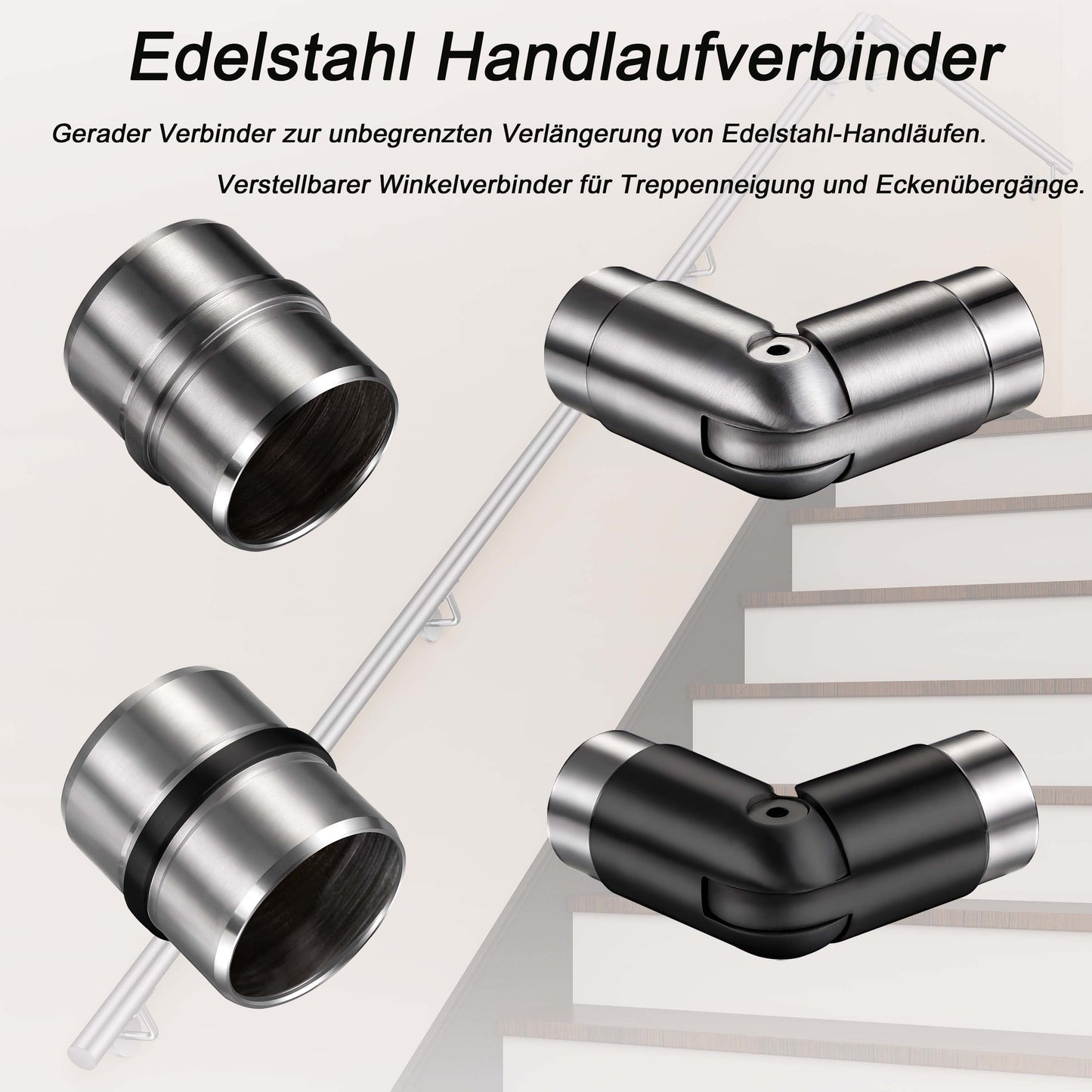 OZEAN Handlaufverbinder Edelstahl Ø 42,4 mm | Gerade oder Flexibel 90°-220° | Silber & Schwarz