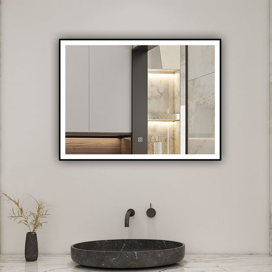 LED Wandspiegel 80x60cm Beschlagfrei Touch/Wandschalter 3 Lichtfarbe +Dimmbar Badspiegel mit Beleuchtung Badezimmerspiegel mit Schwarz Rahmen IP44