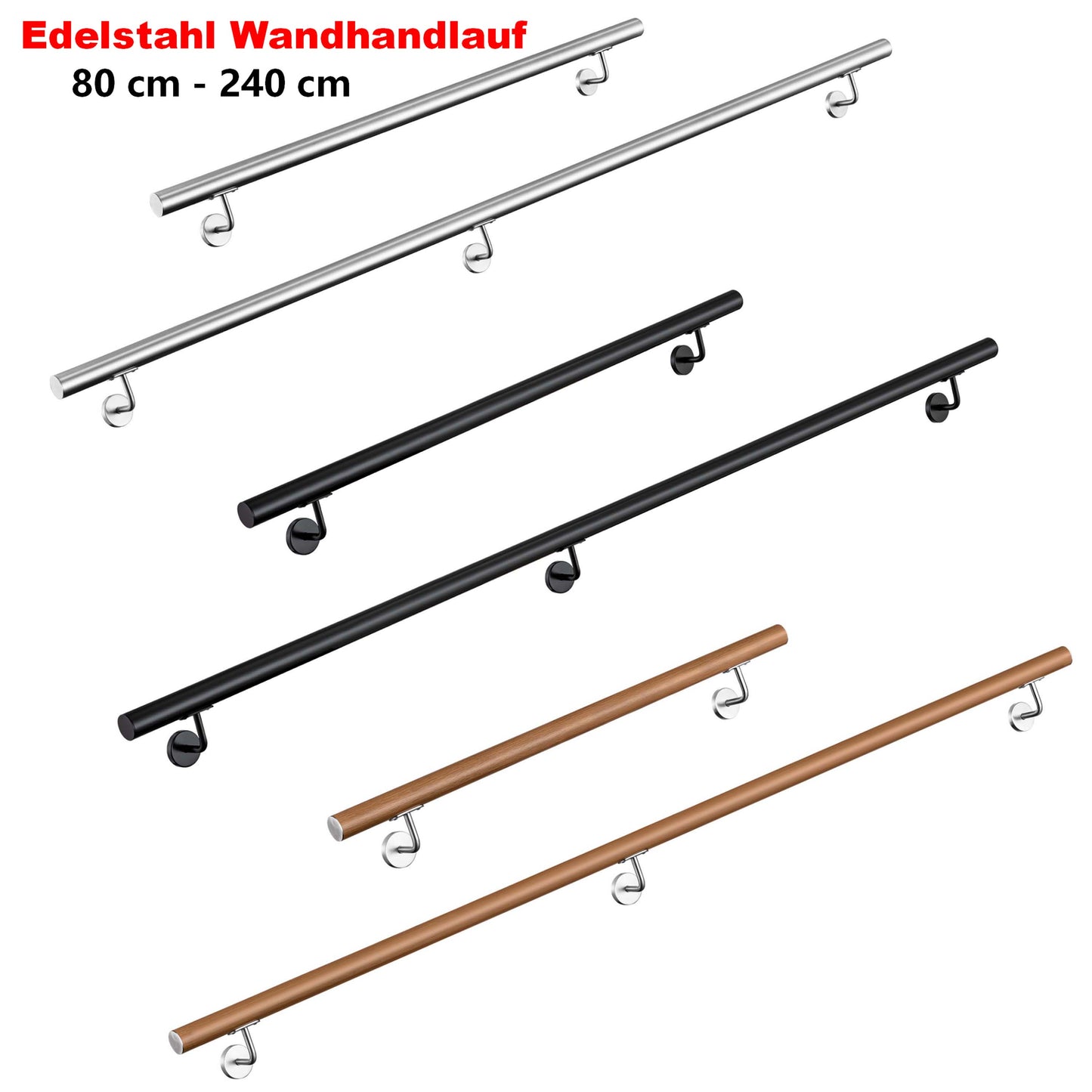 OZEAN Wandhandlauf Edelstahl 80-240 cm | 3mm verstärkte Lasche & 5mm Basis | Silber/Schwarz/Holzoptik